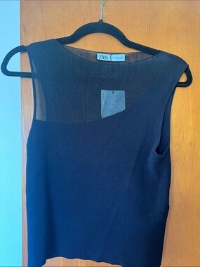 Zara Black One-Shoulder Sleeveless Top with Sheer Yoke - NEW WITH TAG